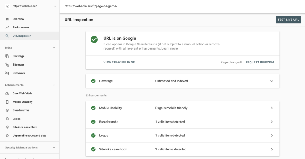 Google search console - URL inspector tool