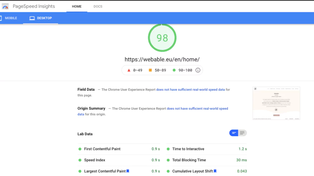 Page Speed Insights - Core Web Vitals