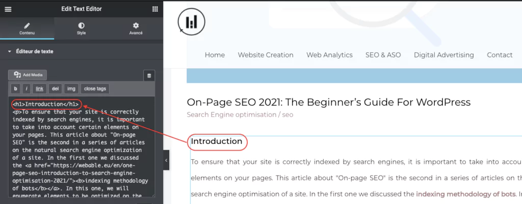 elementor hn title tags - SEO