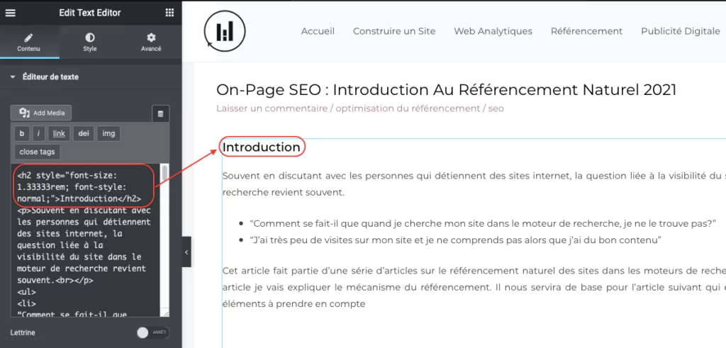 elementor les balises hn - référencement naturel sur WordPress